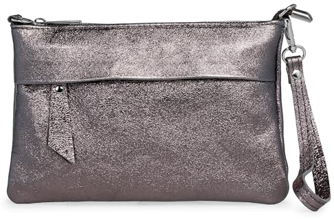 Caspar Elegante Echtleder Clutch Damen Umhängetasche Handtaschetasche mit Handschlaufe & verstellbarem Schultergurt - CLASSIC LINE - Modell No.845 - Made in Italy, Farbe:taupe metallic