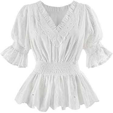 NSPSTT Victorian Blouse Women White Renaissance Top - V-Neck Short Sleeve Ruffle Peplum Corset Top Ladies Shirt