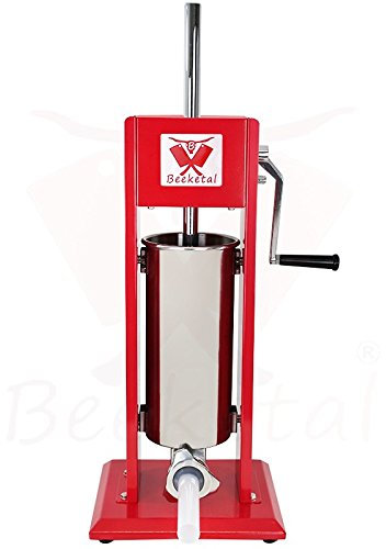 Beeketal 'MT05' Profi Gastro Wurstfüllmaschine (5 Liter) SGS-geprüft, Wurstfüller mit 2 Gang Vollmetall-Getriebe und Handkurbel, Gehäuse aus Stahl (rot lackiert), inkl. 4 Fülltüllen