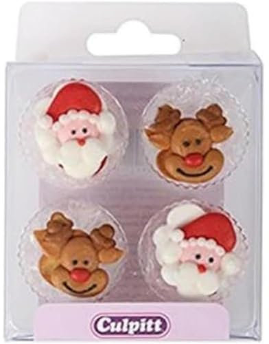 Culpitt Santa & Rudolph Sugar Pipings, Edible Royal Icing Decorations, Festive Red Cake and Cupcake Toppers, Pack of 12