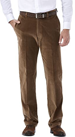 Haggar mens Stretch Corduroy Expandable Waist Classic Fit Flat Front Casual Pants, Camel, 42W x 29L US