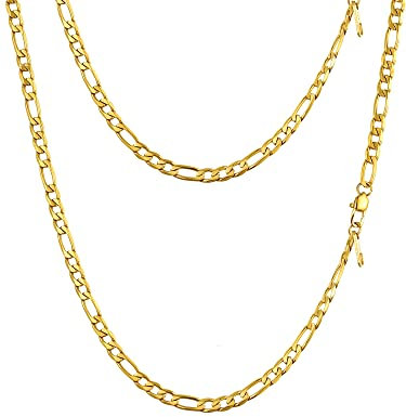 PROSTEEL Herren glänzend Halskette 4mm breit 1+3 Figarokette 76cm/30 Lange Kette 18k vergoldet massiv Gliederkette für Männer Jungen Hip Hop Rapper Modeschmuck Accessoire