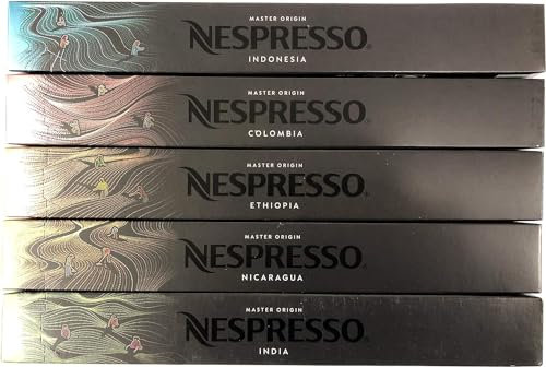 Nespresso OriginalLine Master Origin Lot varié : 50 capsules de café de Colombie, Éthiopie, Indonésie, Nicaragua, non compatible avec Vertuoline