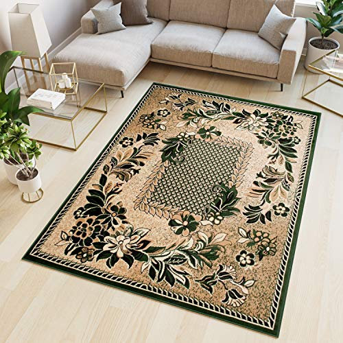 TAPISO Atlas Teppich Kurzflor Blumen Floral Bordüre Grün Beige Schlafzimmer Wohnzimmer Vintage Modern ÖKOTEX 200 x 300 cm