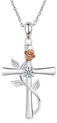BlingGem Women Cross Rose Necklace 925 Sterling Silver Round Cubic Zirconia Faith Hope Love Cross Rose Flower Pendant Gift for Women