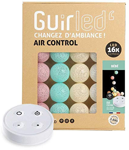 GuirLED - Guirlande lumineuse boules coton LED USB - Télécommande sans fil - Veilleuse bébé 2h - Adaptateur secteur double USB 2A inclus - 4 intensités - 16 boules 1.6m - Bébé
