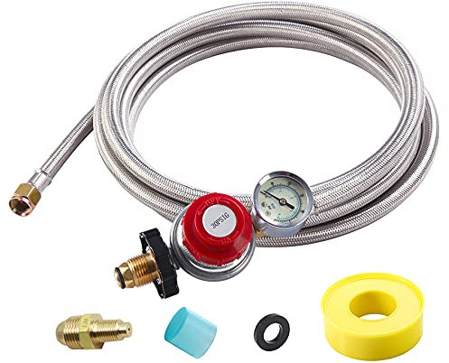 12 Foot High Pressure Adjustable Propane Regulator 0-30 PSI with Gauge 0~60PSI Gas Flow Indicator, Gas Cooker-3/8inch Female Flare Fitting, Stainless Steel Braided Hose and Gas Grill LP Regulator …