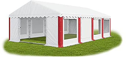 Das Company Partyzelt 4x8m Lagerzelt Universalzelt Pavillon mit Moskitonetz weiß-rot mit Bodenrahmen Pavillon Zelt 240g/m² PE Plane wasserdicht Gartenzelt Summer Floor IPEM