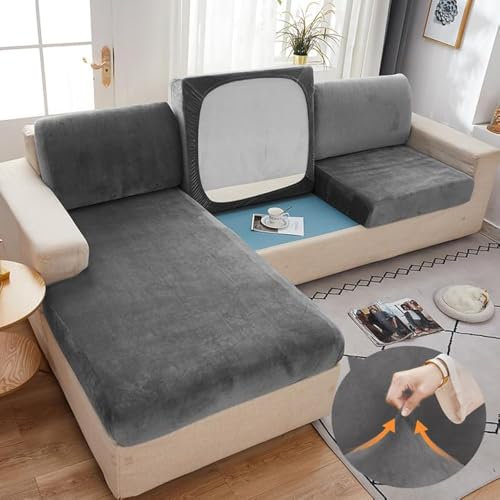 Caijin Sofa Sitzkissenbezug, weicher Samtstoff Stretch Sitzkissenschutz superweicher,Dicker Sitzkissenbezug für soföbelschutz (1-Sitzer, Dunkelgrau)