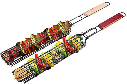 2 Stück Kabob Grillkörbe, Edelstahl Antihaft Kebab Grillkorb mit Holzgriff für BBQ Barbecue Wurst Hot Dog