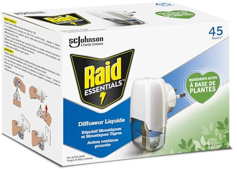 RAID ESSENTIALS Elektrischer Zerstäuber gegen Mücken, Zerstäuber + Nachfüllpackung, 45 Nächte, 32 ml