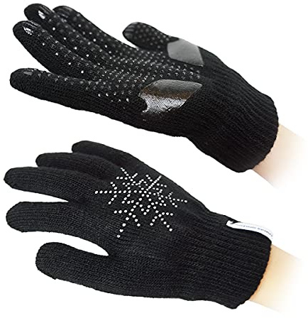 SkatingSpirit Gel Padded Anti-Slip Skating Gripper Gloves with Rhinestone Snowflakes (1 Pair), Stretchy Warm Kids Adults Sparkles (Black, Small)