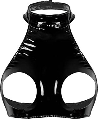 iEFiEL Damen Crop Top Neckholder Wetlook Brustfrei BH Weste Tank Tops Kurze Leder Schulterfrei Shirt Bikini Oberteil Clubwear Gogo Schwarz 3XL