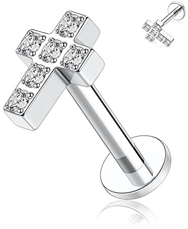 hengkaixuan 16G G23 Titan Flat Back Labret Studs Innengewinde Lippen Studs Tragus Piercing Labret Schmuck 8mm Monroe Medusa Helix Lip Piercing Silber Lobe Knorpel Conch Ohrring Schmuck mit Kreuz CZ