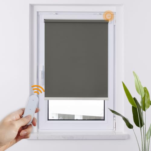 HOMEDEMO M100 Elektrische Rollos Verdunkelungsrollo mit Motor & Fernbedienung, Dunkelgrau 90x110cm(BxH), Smart Rollo ohne Bohren klemmfix & mit Bohren, Sonnenschutz Sichtschutz Rollo für Fenster