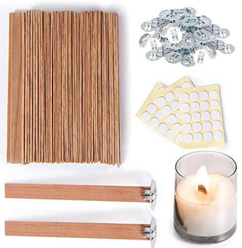 Ziosxin 50set Candle Wick,Thicken Smokeless Cherry Wood Wicks for Candles-Long Lasting Flame-Easily Burn,Natural Candle Cores with Stand and Glue Dot,Candle Wicks for Candle Making
