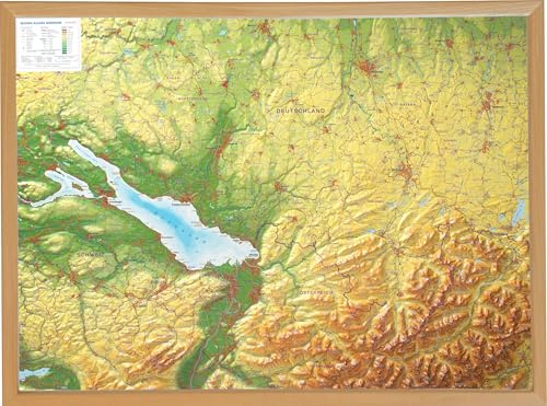 Allgäu Bodensee, Reliefkarte 1:200.000 mit Naturholzrahmen: Tiefgezogenes Kunststoffrelief
