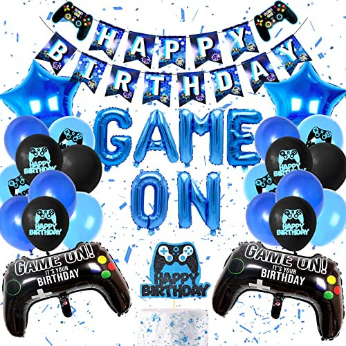 Deko Geburtstag Junge, 31 Stück Junge Geburtstagsdeko, Gamer Deko Kindergeburtstag, Videospiel happy birthday girlande Banner, Gamecontroller Luftballons Party Deko(Schwarz & Blau)