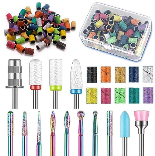 13Pcs Nail Drill Bits+100Pcs 10 Colors Sanding Bands+1Pc Mandrel Bit, 3/32 inch Cremaic Damiand Nail Bits Set, Professional Drill Bits for Acrylic Gel Nails, Manicure Pedicure