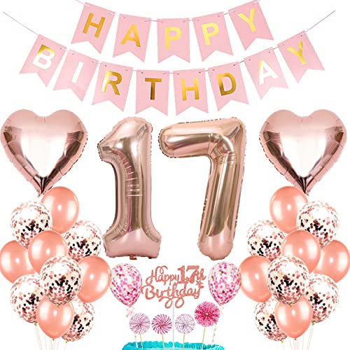 Feelairy Geburtstagsdeko 17 Jahre Mädchen, Luftballon 17. Geburtstag Deko, Cake Topper 17. Geburtstag Tortendeko und Happy Birthday Banner Girlande für Mädchen Kinder Geburtstag Party Deko