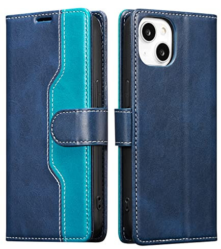 XIZYO Leather Wallet Case for iPhone 13, Book Flip Folio Stand View Cover, with Card Holders, Kickstand Magnetic Closure Shockproof Protective Case, Blue green