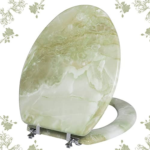 Angol Shiold Elongated Toilet Seat Natural Wood with Zinc Alloy Hinges, Green Marble