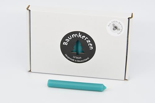 Premium Baumkerzen 12 Stück aus 100% EU Bienenwachs farbig bunt glatt 13x98mm Christbaumkerzen (Türkis)