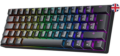 GK61 Teclado mecánico para juegos – 62 teclas multicolor RGB iluminado LED retroiluminado con cable programable para PC/Mac Gamer – Diseño ISO UK (Gateron óptico rojo, negro)