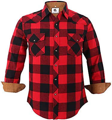 Coevals Club Herren holzfällerhemd Flanellhemd Langarm Kariertes Druckknöpfe Baumwolle mit Tasche Normale Passform Freizeithemd (Rot Schwarz #1 L)