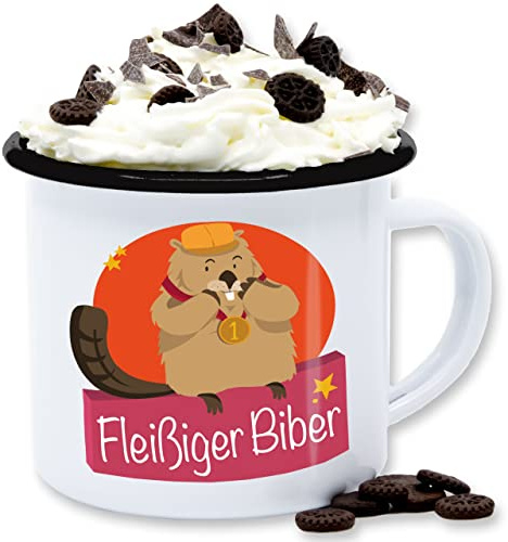 Emaille Tasse Blechtasse - Statement - Fleißiger Biber - 300 ml - Weiß Schwarz - statements bieber frohes neues jahr fleißig new year spruch statement-spruch mit