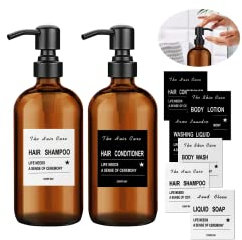 2 Dispensadores de Jabón de Cristal, Botellas de Champú Vacía de Bomba para Champú/Acondicionador/Loción, 2 Dispensadores de Jabón de Baño de Acero Inoxidable de Bomba con Pegatinas (500ml)