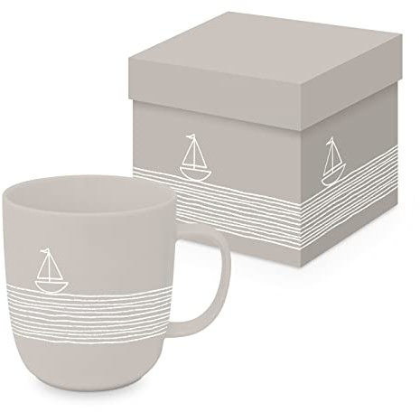 ReWu Becher Henkelbecher Beige Aufdruck Boot und Meer Porzellan Ø 21cm Maritim Geschirr Spülmaschinenfest Lebensmittelecht Geschenkkarton Kaffetasse Kaffebecher Mug