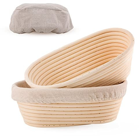 Joyyy Sourdough Bread Proofing Baskets with Liner, Dough Rising Ratten Bowl for Bread Making and Baking, Oval, 10 inch (Set of 2)