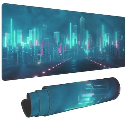 Cool Gaming Mouse Pad 31.5 x 11.8 pulgadas XL futurista verde azulado oscuro cian vaporwave City Print Big Mousepad Extended Large Laptop Keyboard Mouse Mat Base de goma antideslizante con bordes