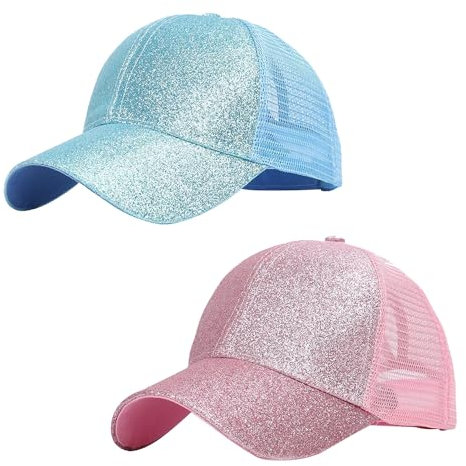 FIBOUND Baseballkappe, Glitzer-Pferdeschwanz-Baseballkappe, Sommer-Sonnenhut, High Bun Messy Ponytail-Sonnenhut, Verstellbare Netzmütze für Sport, Urlaub, Strand und Tägliche Aktivitäten