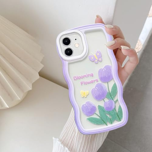 UEEBAI Hülle für iPhone 12 6.1 inch, Wellen Rahmenform Silikon Stoßfeste Schutzhülle Anti-Kratzt Rückseite TPU Bumper Cover für Mädchen Frauen Handyhülle für iPhone 12 6.1 inch - Lila Blüten