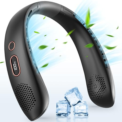 YAZEKY Ventilador de Cuello Portátil,Mini Ventilador Cuello,Ventilador USB Recargable Bateria Silencioso Sin Aspas con LCD,Flujo de Aire 360°,3 Velocidades para Viajes Deporte Oficina Hogar(Negro)