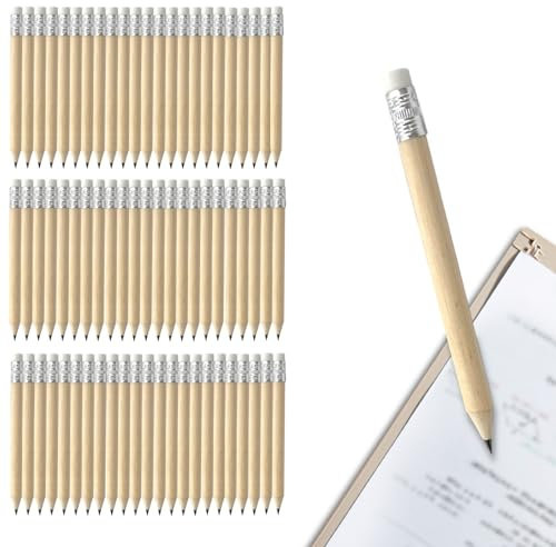 Aicharynic 120 Stück Bleistift HB, 100x7.2mm Mini Bleistifte mit Radiergummi HB Holz Golf Bleistift Set Naturholz Kurz Halbstifte Natur Holzbleistifte Halber Graphitstifte für Schüler Schule Zuhause