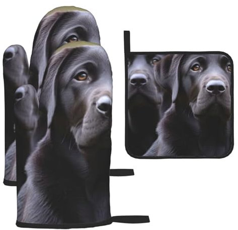 Ofenhandschuhe und Topflappen-Sets, Backen, hitzebeständig, rutschfest, Handschuh und Topflappen, 3 Stück,Labrador-Hund