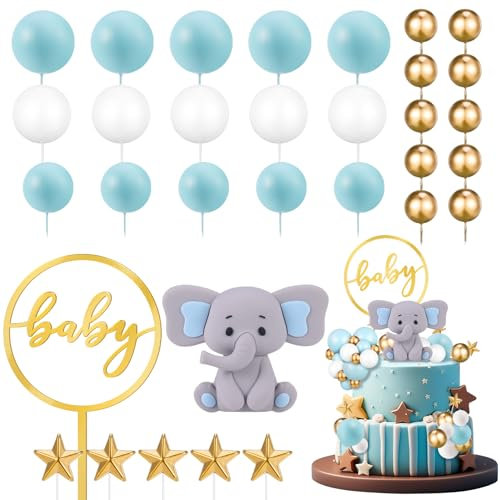 Radsocken 32 Baby Shower Cake Decorations, Elephant Cake Toppers Blue Baby Boy Cake Decoration Ball Cake Toppers for Baby Shower Birthday Party Supplies