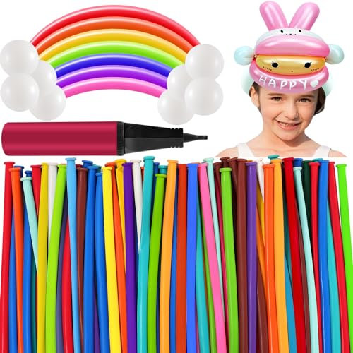 Jeffbaubl Pack of 400 Modelling Balloons, Long Colourful Balloons with Air Pump, Modelling Balloons, Long Magic, DIY Balloons for Birthdays, Events, Decoration, Parties