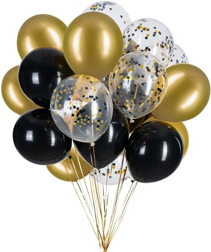 12 Zoll Schwarzer Gold Helium Latex LuftBallons,Ballons mit Schwarzer und Gold Konfetti für Partys Dekoration-50 Stück