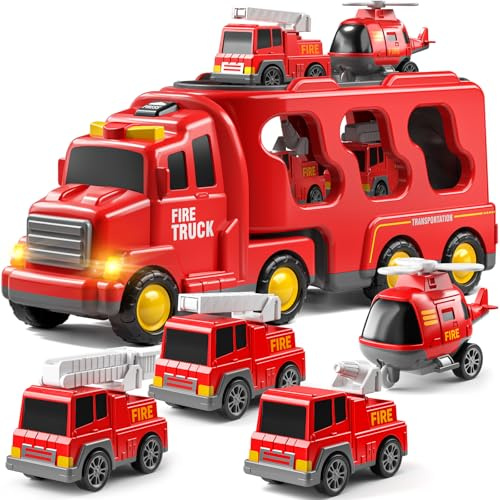 JUKUDAHU Truck Toys for 3 4 5 6 Years Old Boys, Toddler Car Toys for Toddler Boys Ages 3-5, Fire Toys Car Carrier Vehicle Toy Set, Kids Toys Truck Set for Age 3-9