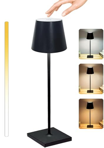Rechargeable Lamp with 3 Color Modes, Metal Cordless Lamps Touch Dimming, Wireless Lamp IP54 Waterproof, Rechargeable Table Lamp for Restaurant Bedroom Indoor Outdoor, Black