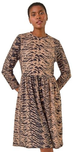 Roman Stretch Dress with Pockets for Women UK - Ladies Jersey Gathered Waist Spring Summer Knee Length Smart Casual Work Cocktail Party Going Out Fit & Flare Dinner - Camel - Size 18