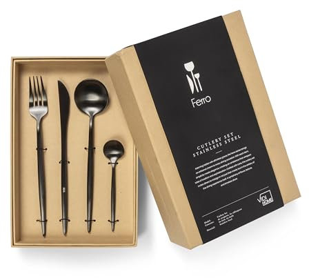 VIDI FERRO Set de Couverts Fumée Noire | Service de Table 6 Personnes | Couverts de luxe 24 pièces | Cuillères, Fourchettes, Couteaux, Cuillères à café | Acier inoxydable | Passe au Lave-vaisselle