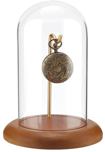 PH PandaHall Uhr Glas Display Kuppel Cloche Taschenuhr-Display-Glas mit Haken Klarglas-Kuppel mit Holzsockel Uhr Ornamentfür Uhr Pflanzen Medaillen Display Sammlerstücke 14.5x19.5cm