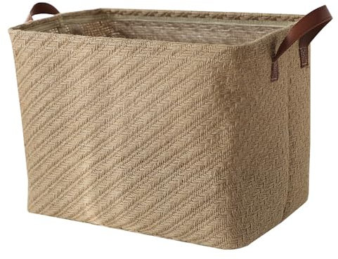 Spesh Jute Storage Basket with Handles, 38*27*28cm Collapsible Natural Woven Organiser Box Square Jute Storage Bin for Shelves Bathroom Wardrobes(Coarse Texture)
