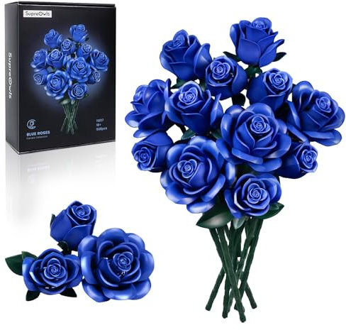 IA11007 – Ensemble de construction de bouquet de roses bleues, kit de blocs de collection botanique compatible avec Lego pour adultes, décoration d'intérieur gothique pour Pâques et fête des mères