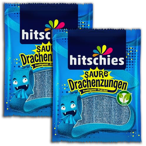 2 er Pack hitschies Saure Drachenzungen blau 2 x 125g Sauer gezuckerte Fruchtgummi-Streifen
